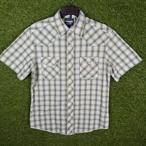 Wrangler Western Shirt Medium Plaid Green Short Sleeve Cowboy Rodeo‎ pearl snap